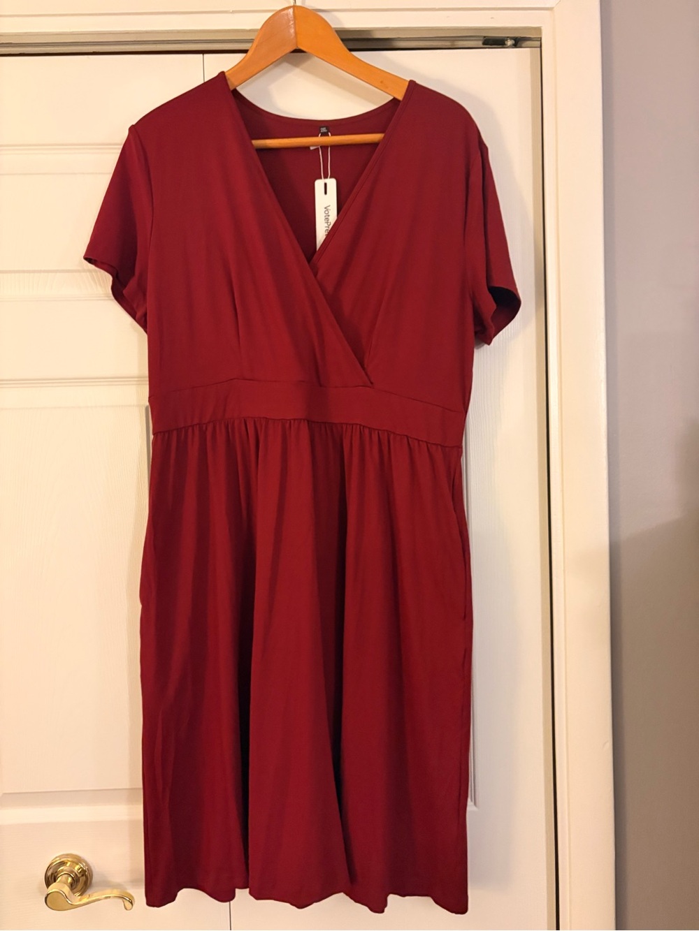 Midi Wrap-Style Short Sleeve Dress in Burgundy